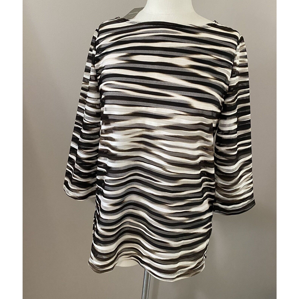 CHICO'S Travelers Collection Top SZ 0 (Small) Jacquard Striped Brown White NWT